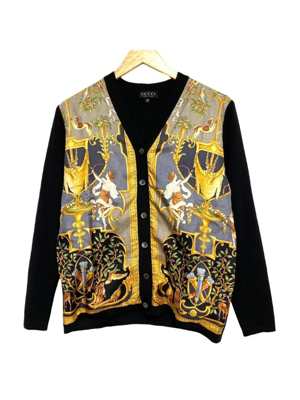 Gucci Era Scarf Pattern Contrast Knit Cardigan M Black